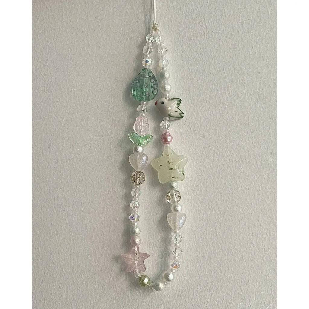 Summer Bling Phone Strap Lanyard Pigeon Bead DIY Key Chain Pendant For iPhone 13Mini Vivo Oppo Books Cute Flower Case
