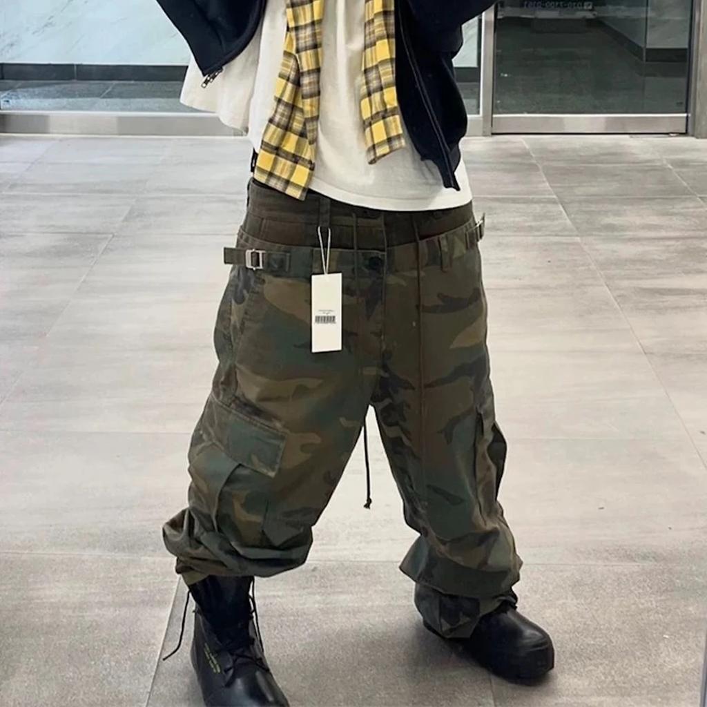 DRIPX Three Waisted Camouflage Cargo Pants for Men Streetwear Patchwork Baggy Jeans Wide Leg Casual Loose Denim Trousers Oversized