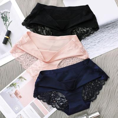 Roupa íntima sem costura para rise hipster Renda Cetim Calcinha Média Feminina Sedosa Invisível Elástica Bikini
