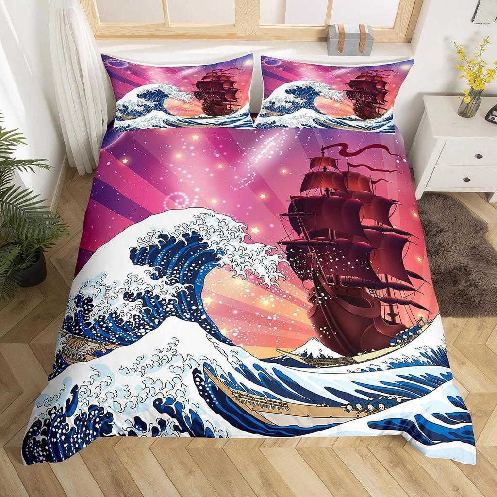 Sailboat Duvet Cover Set Twin King Queen Size Nautical Theme Seagull Bedding Set Microfiber Rustic Wooden Plank Comforter Cover