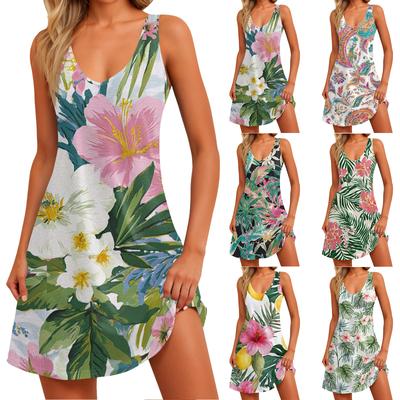 Women's Sleeveless V Neck Casual Dress with Tropical Leaf Print Lightweight Relaxed Fit for Daily Wear Beach Holiday
