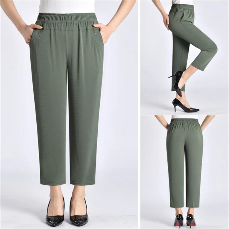 8XL Women Summer Pants Plus Size  Elastic High Waist Casual Ninth Pants Middle-aged Elderly Female Straight Mom Pants