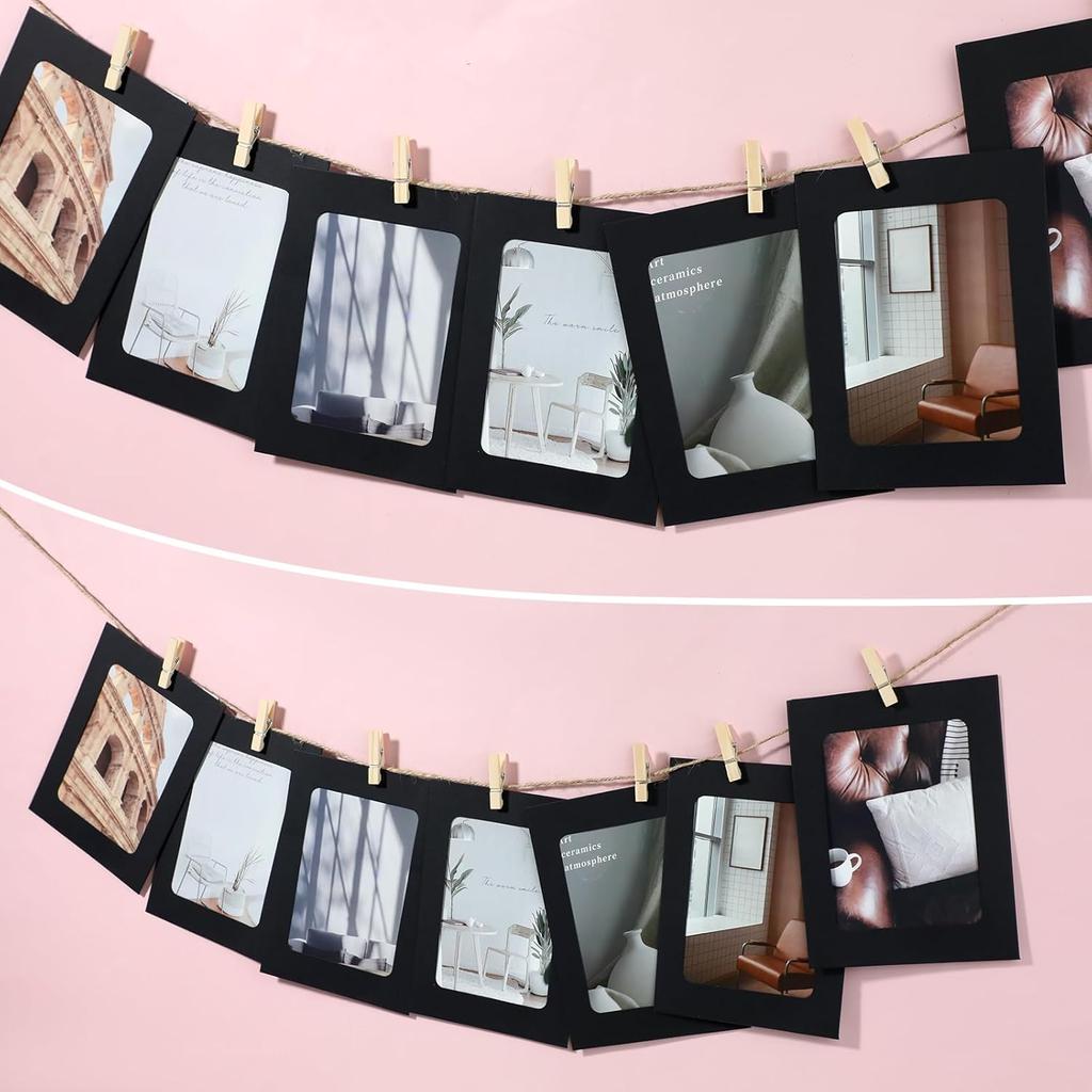 20 Pcs Paper Photo Frames, Kraft Paper Picture Frame Hanging Display Banner With Wooden Clips and String DIY for Wedding Party Classroom Wall Decor