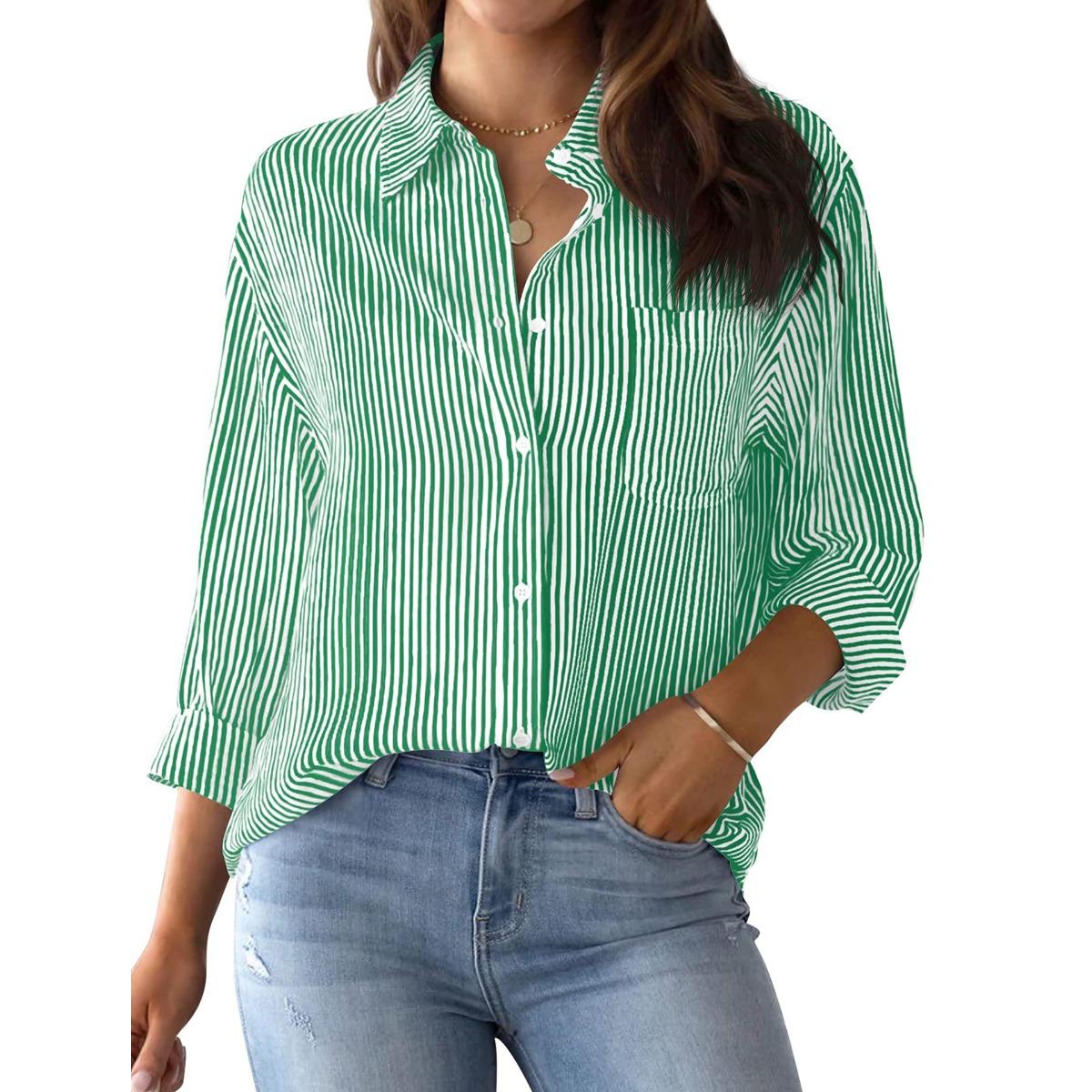 Women s Collared Long Sleeve Striped Button Down Loose Fit Casual Blouse Shirt S зелёный