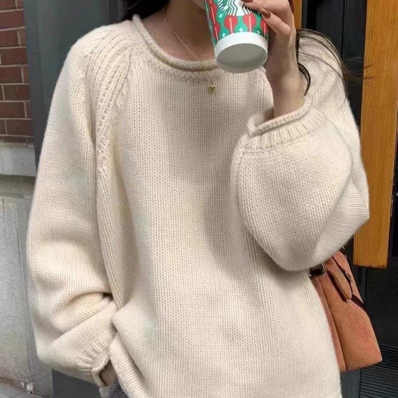 Gekräuseltes einfarbiges sanftes lockeres Strickoberteil vielseitiger lässiger weicher wachsartiger Pullover mit niedrigem Rundhalsausschnitt für Damen