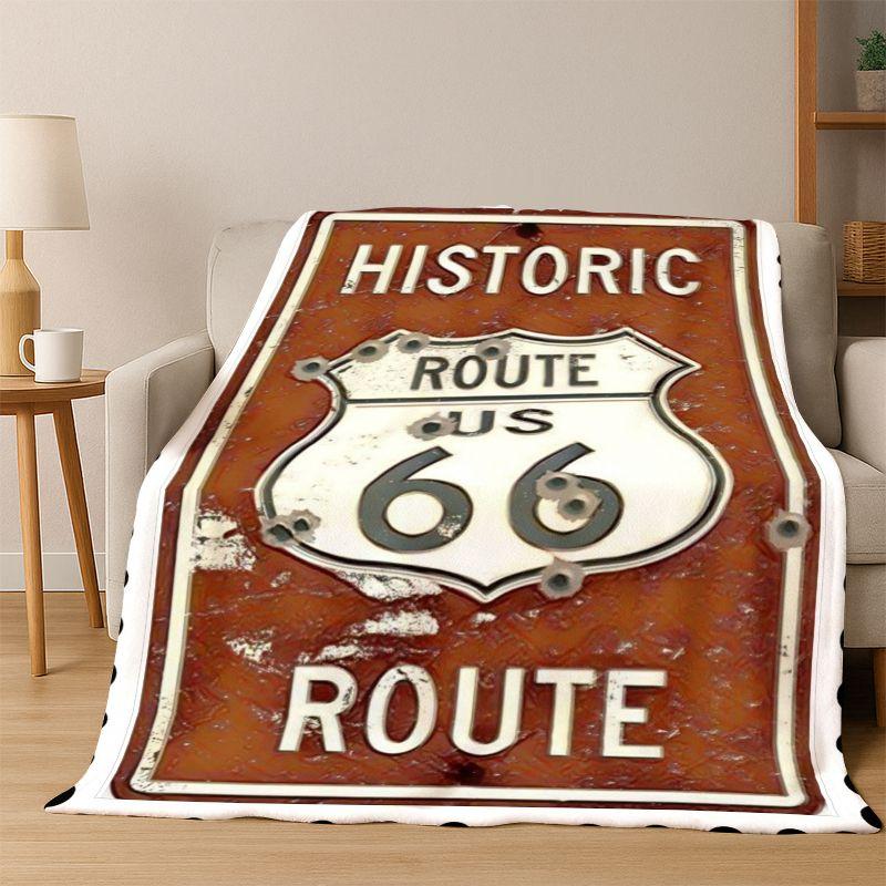 Retro Route66 America Mother Road Sign Flannel Blanket Soft Warm Throw Blanket for Bedroom Living Room Bed Travel Camping Picnic