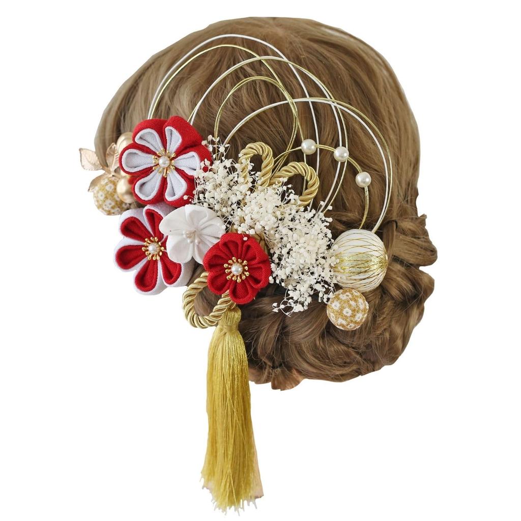 Bud Flower Hair Graduation Tsumami Dried Gold Ornament, Coming-of-Age Ceremony, Ceremony, Zaiku, Flowers, Mizuhiki, Leaf, Kimono, Furisode, Hakama,