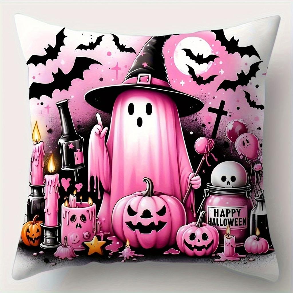 1pc Pink Black Halloween Cushion Cover Pumpkin Ghost Print Washable Soft Cover Gift for Holloween Themed Party Sofa Decoration