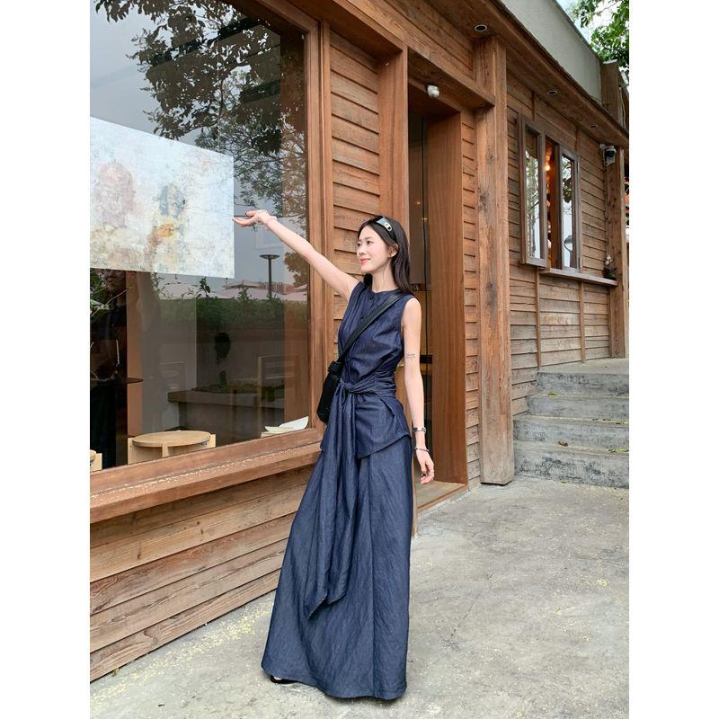 Fancy Suit Niche Style Lace-up Vest Tops Women's Summer High Waist A- line Skirt Old Money Style Two-piece Set