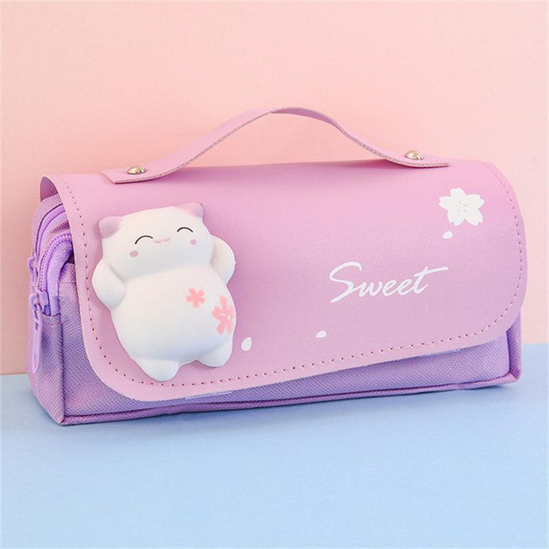 Estuche para lápices de descompresión con forma de gato, caja de lápices grande, bolsa portátil para bolígrafos para niñas, bolsa escolar de doble capa, estuche para lápices de papelería Kawaii
