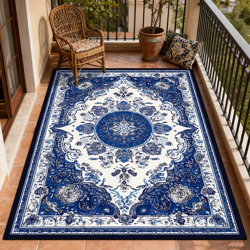 New Classical Carpet Decoration Bedroom Bedside Washable Short Velvet Rug Outdoor Balcony Foldable Soft Floor Mat Blue White