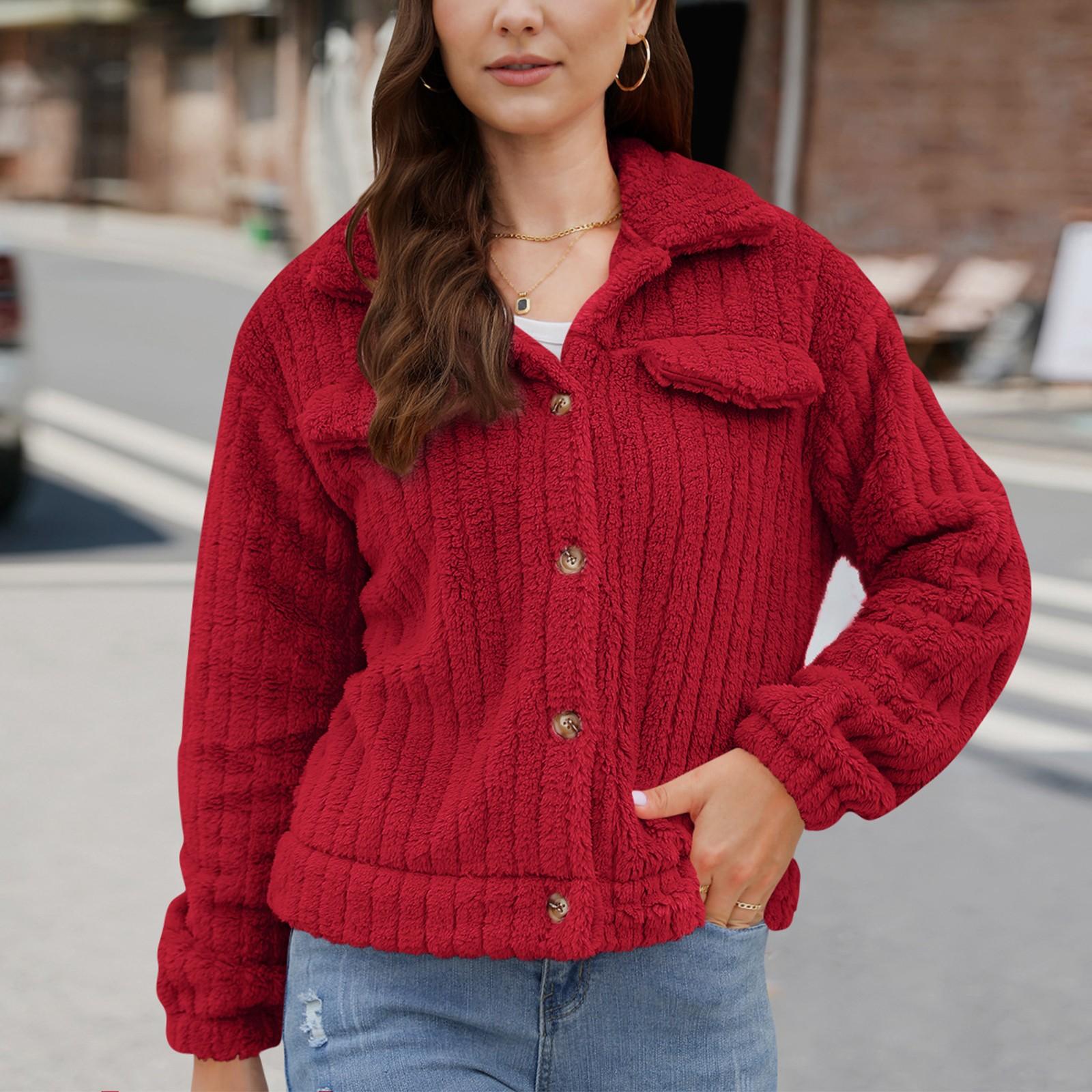 

Женская мода повседневная плюшевая кардиган с длинными рукавами и лацканами короткое пальто XL красный