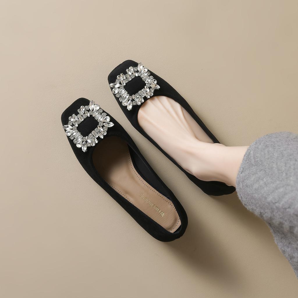 Square Head Single Shoes Women's Thick Heel Black Work Shoes Rhinestone Shallow Mouth High Heels Women