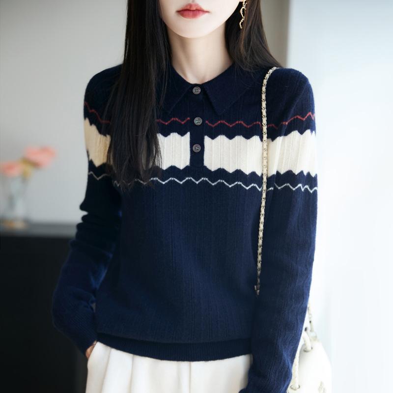 Autumn And Winter New Lapel Knitted Wool Sweater Women'S Loose Large Size Sweater Women'S Color Matching Temperament Versatile Foreign Style Sweater