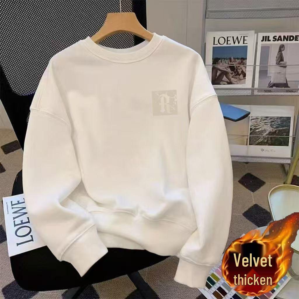 Men's Fleece-Lined Long Sleeve Round Neck Hoodie - Autumn 2025 American Style Heavyweight Pullover