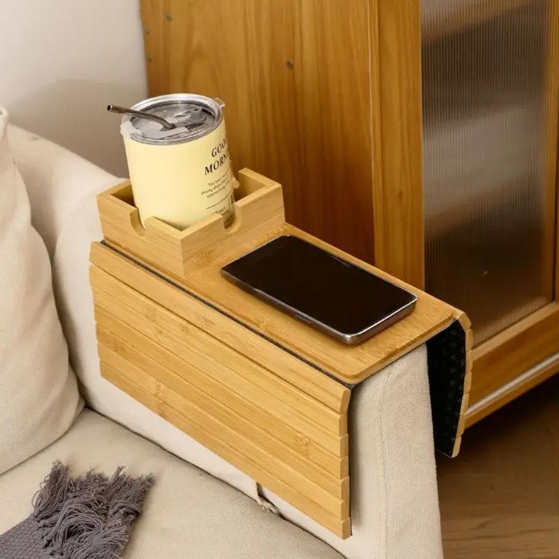 Supporto per tazza da divano in bambù naturale antiscivolo, vassoio per bracciolo del divano, pieghevole, multifunzionale, per tazze, telecomando
