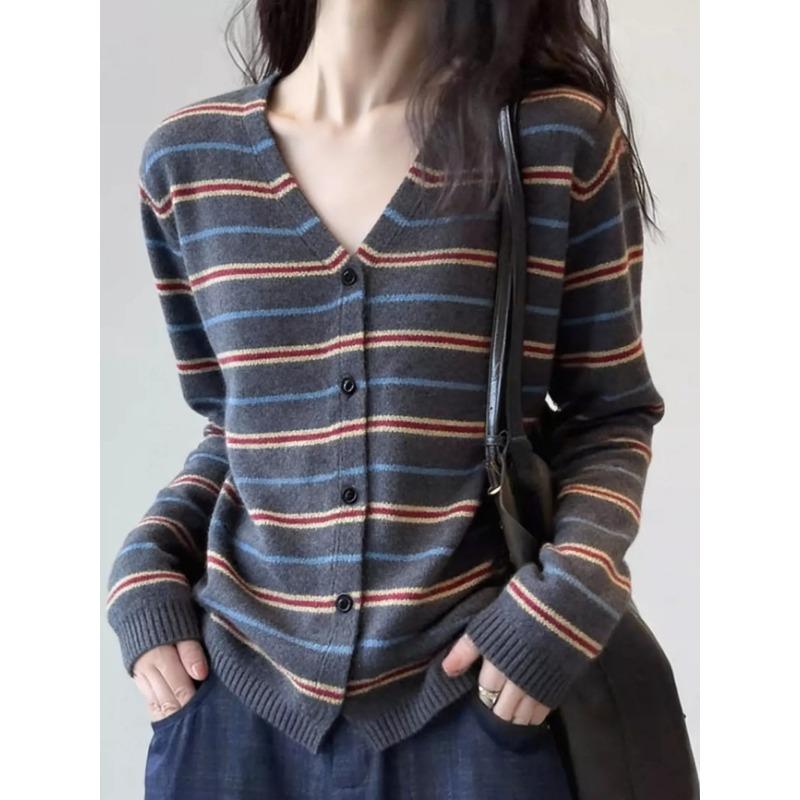 Women V Neck Single Breasted Striped Long Sleeve Knit Cardigan