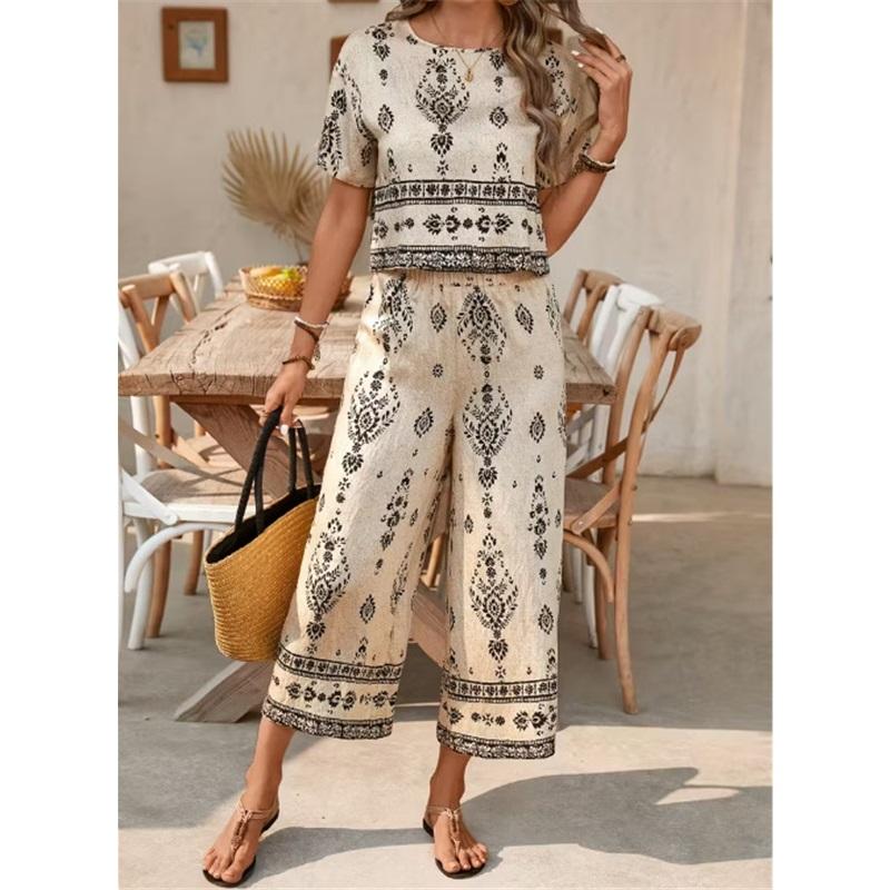 Dames Bohemian Bedrukt Tweedeel Outfit Korte Mouw Crop Top Wijde Capri Broek Vintage Etnisch Casual Loungewear Set