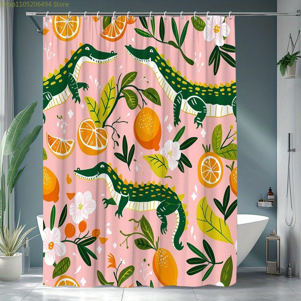 1Pc Polyester Crocodile Orange Floral Shower Curtain With Creative And Vibrant Pattern, Includes 12 Hooks, Bathtub Partition H