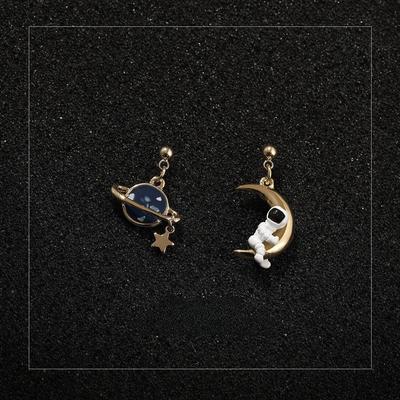 Asymmetrical Moon & Planet Astronaut Earrings - No Piercing Needed