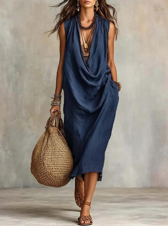 2026 Women's Casual Sleeveless Loose Swing Neck Cotton Linen Holiday Dress