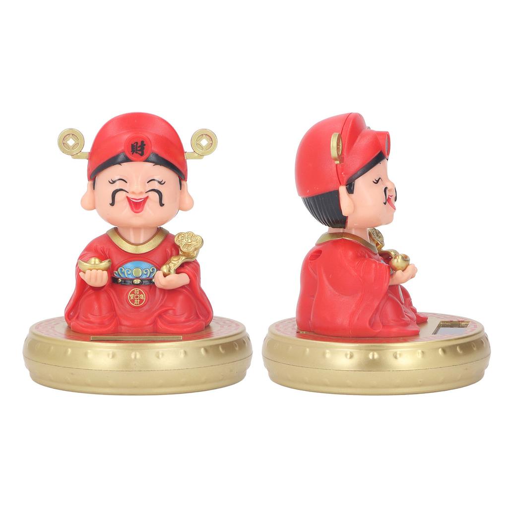 God of Wealth Figurine Solar Powered Automatic Nodding Durable Plastic Cai Shen Statue for Home Car