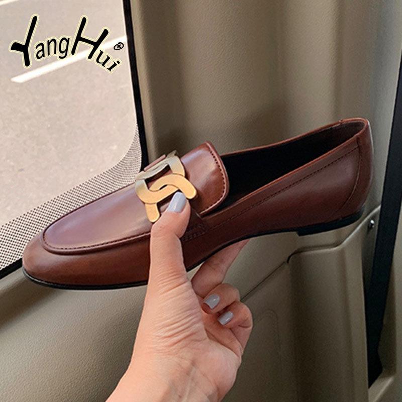 Mary Janes Casual Retro Pumps 2024 New Fashion Artificial Leather Summer Heel Flats Women's Shoes Metal Accessories Pointed Toe