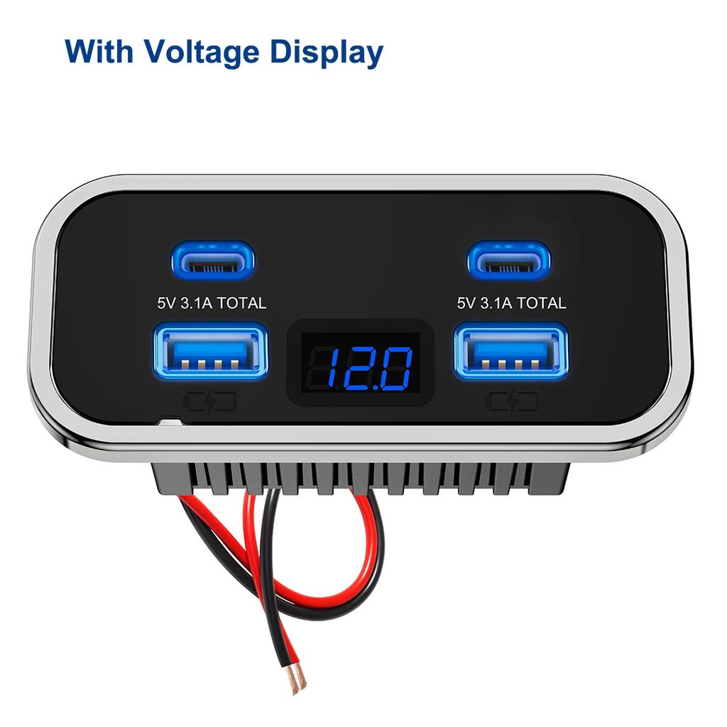 12V-24V 4 Ports Dual USB PD3.0 QC3.0 Outlet 76W Type-C Quick Charge Panel Wall Mount Charger Adapter for Marine Bus ATV Truck RV