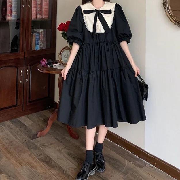 Tatlı Lolita Elbise Kadın Kawaii Zarif Vintage Elbiseler Bahar Tatlı Sevimli Puf Kollu Tiki Tarzı Sundress Moda Elbise