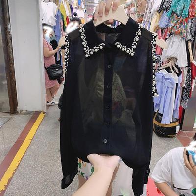 Fashion Women Clothing Thin Pearl Tops Chiffon Loose Off Shoulder Blouse 2025 Spring Summer Lapel Hollow Out Solid Sexy Shirt
