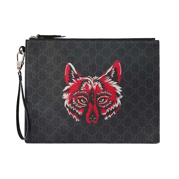 

Gucci GG Supreme Wolf Print Zip Pouch Black Canvas Designer Clutch Bag 547084-914AN-9789 Basic Set (Bag+Dust Bag)
