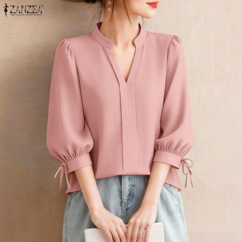 ZANZEA Women CasuaL V-Neck Solid Color 3/4 Sleeve Loose Blouse