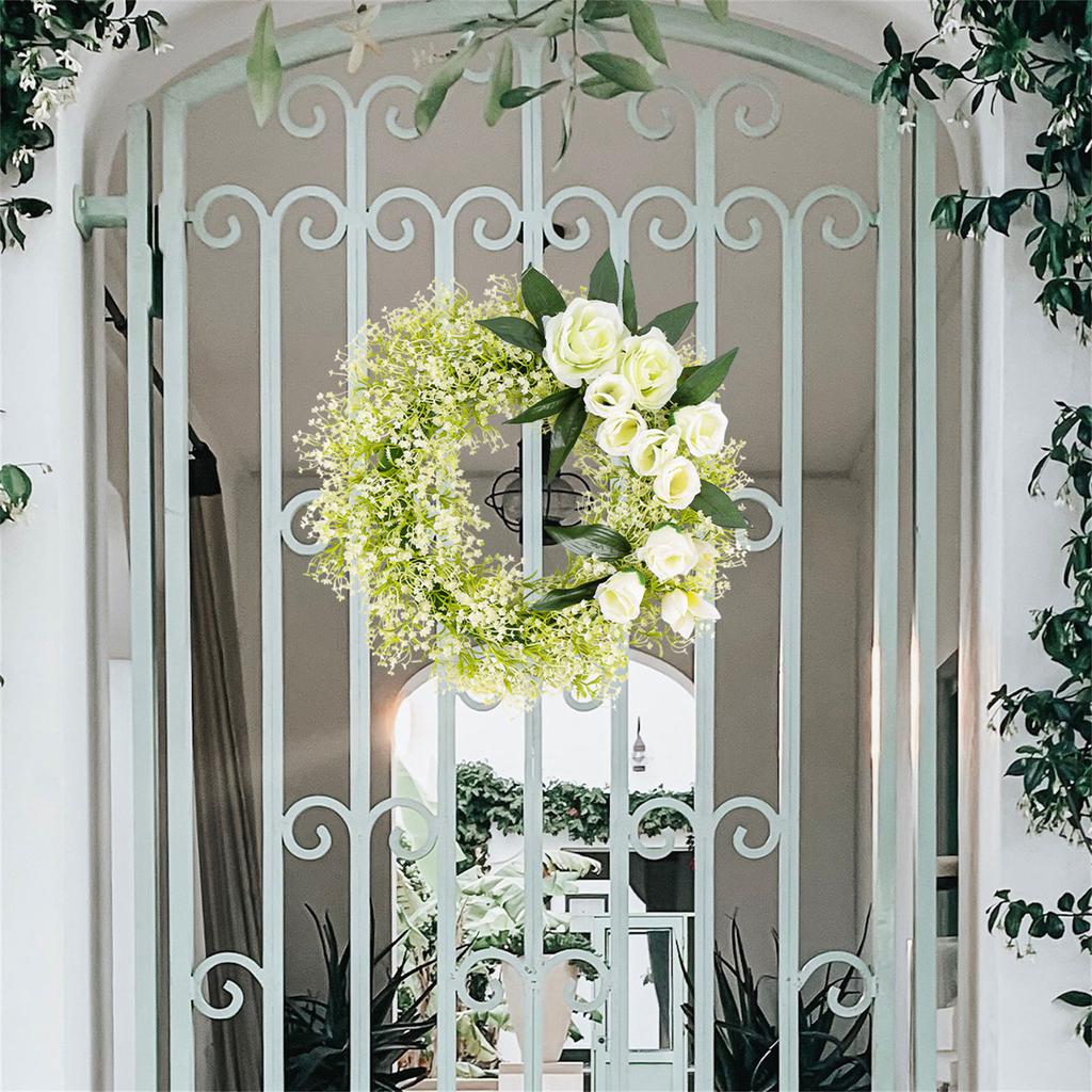 Artificial Spring Wreath White Rose Wreath Summer Wreath for Front Door Wall Wedding Indoor and Outdoor Decorations