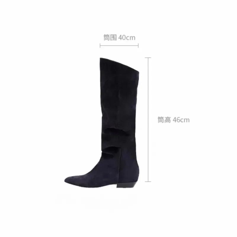 Fashion New Fashion Lazy Pleated Cow Suede Knee High Boots Autumn Winter Round Head Low-heel Short Plush Warm Women Long Boot Size 34-43