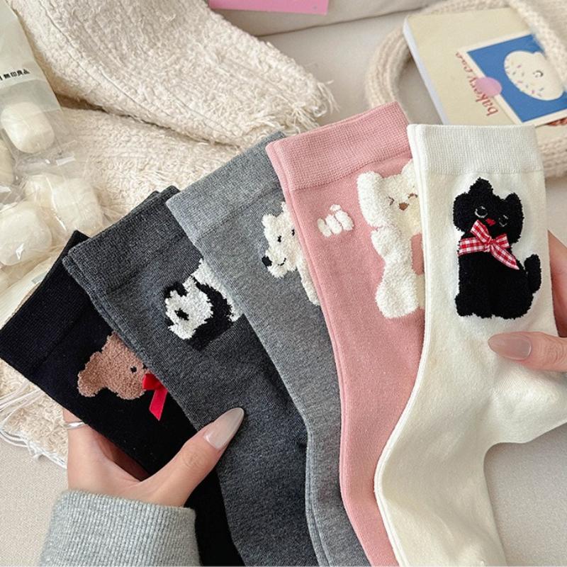 Women's 3D Cartoon Animal Mid-tube Socks with Ball Spring Autumn Cute Trendy CreativeSoft Breathable Cotton Socks
