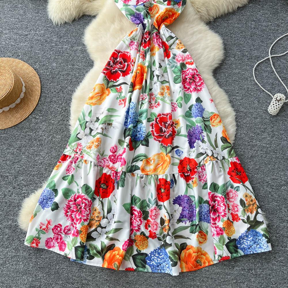Retro court style printing suspender dress women's summer waist slim senior sense celebrity temperament big swing dress