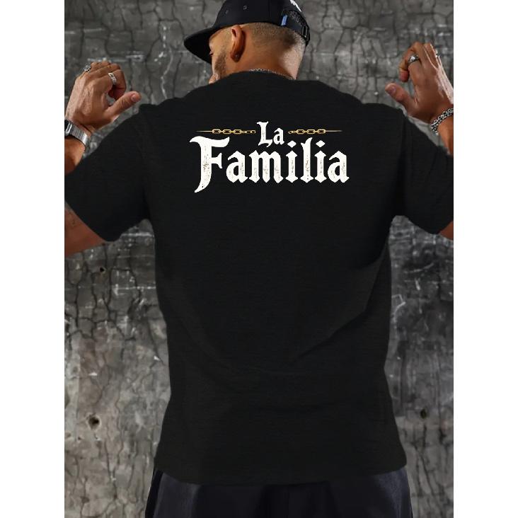Men'S Heavyweight 180gsm 100% La Familia Graphic T-Shirt | Black with Golden Chain Lettering & 3D Print, Streetwear Urban Fashion Round Neck Short