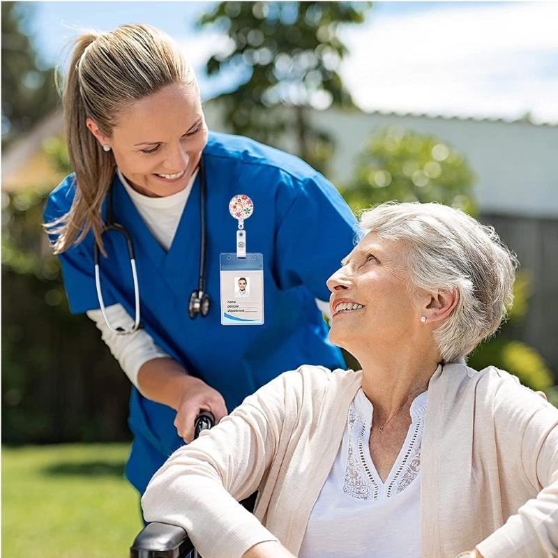 Flower Print Badge Holder Retractable Badge Holder Rotating ABS Badge Holder with Metal Clip for Nurse Doctor Student