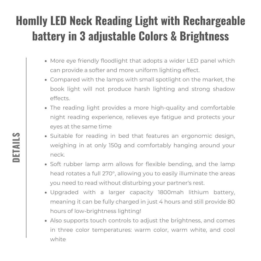 Homlly LED Neck Reading Light with 1800mah Rechargeable battery in 3 adjustable Colors & Brightness