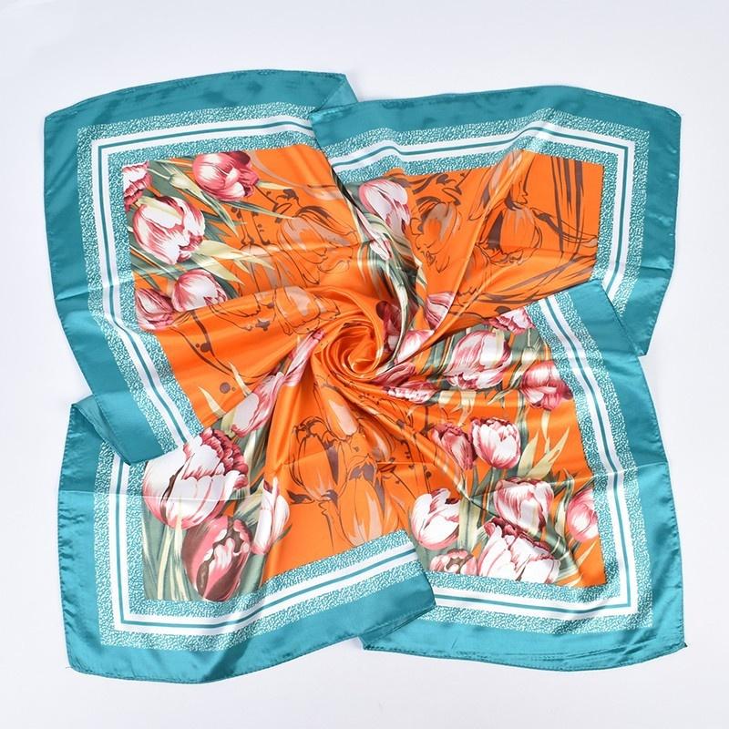 1Pcs Tulip Bouquet Printed Silk Scarf For Women Imitation Silk Fashion Versatile 90Cm Satin Large Square Scarf Headscarf