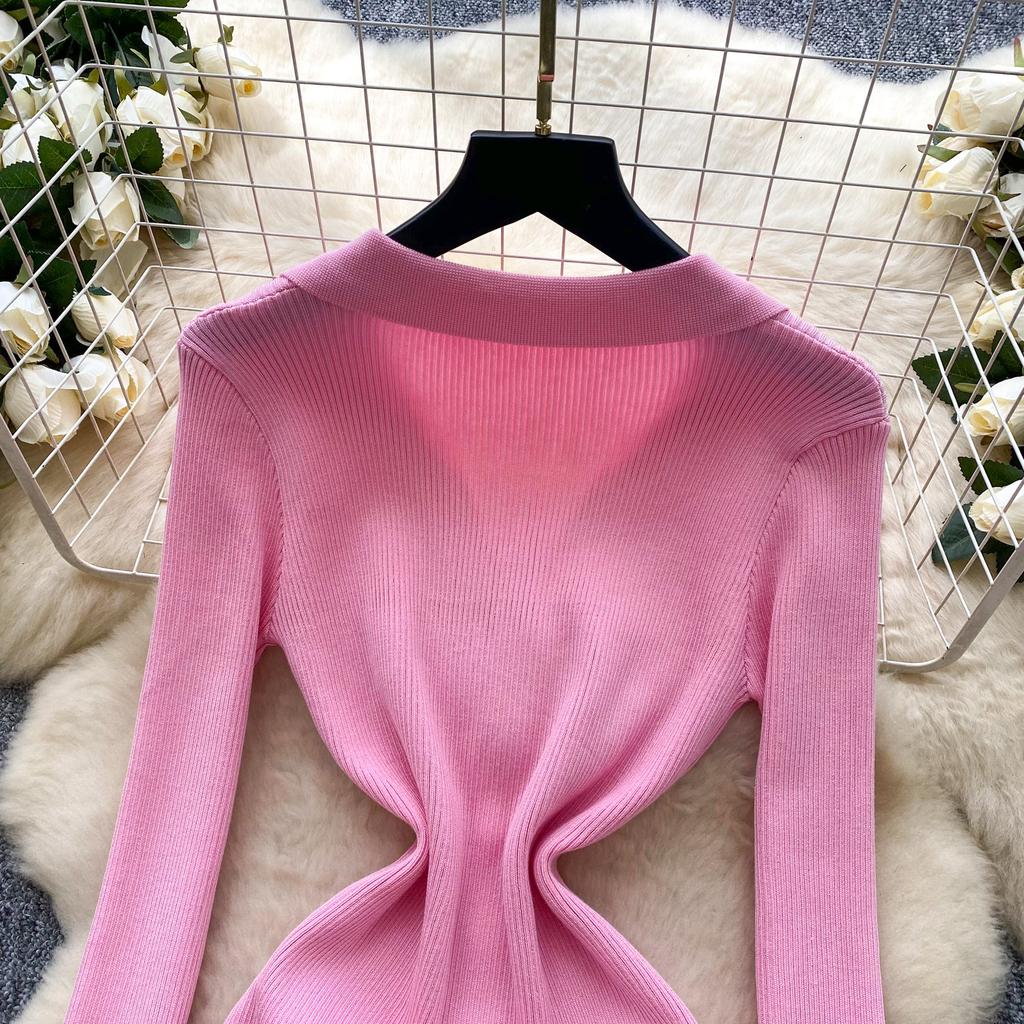 Elegant Knitted Dress for Women Autumn New Ruffle Edge V-neck Slim Long Sleeve Mid Length Ladies Evening Dresses Knitted Sweater