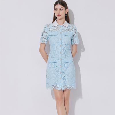 Summer Women Sweet Turn-down Collar Single Breasted Hollow Out Lace Shirt Party Mini Short Dresses