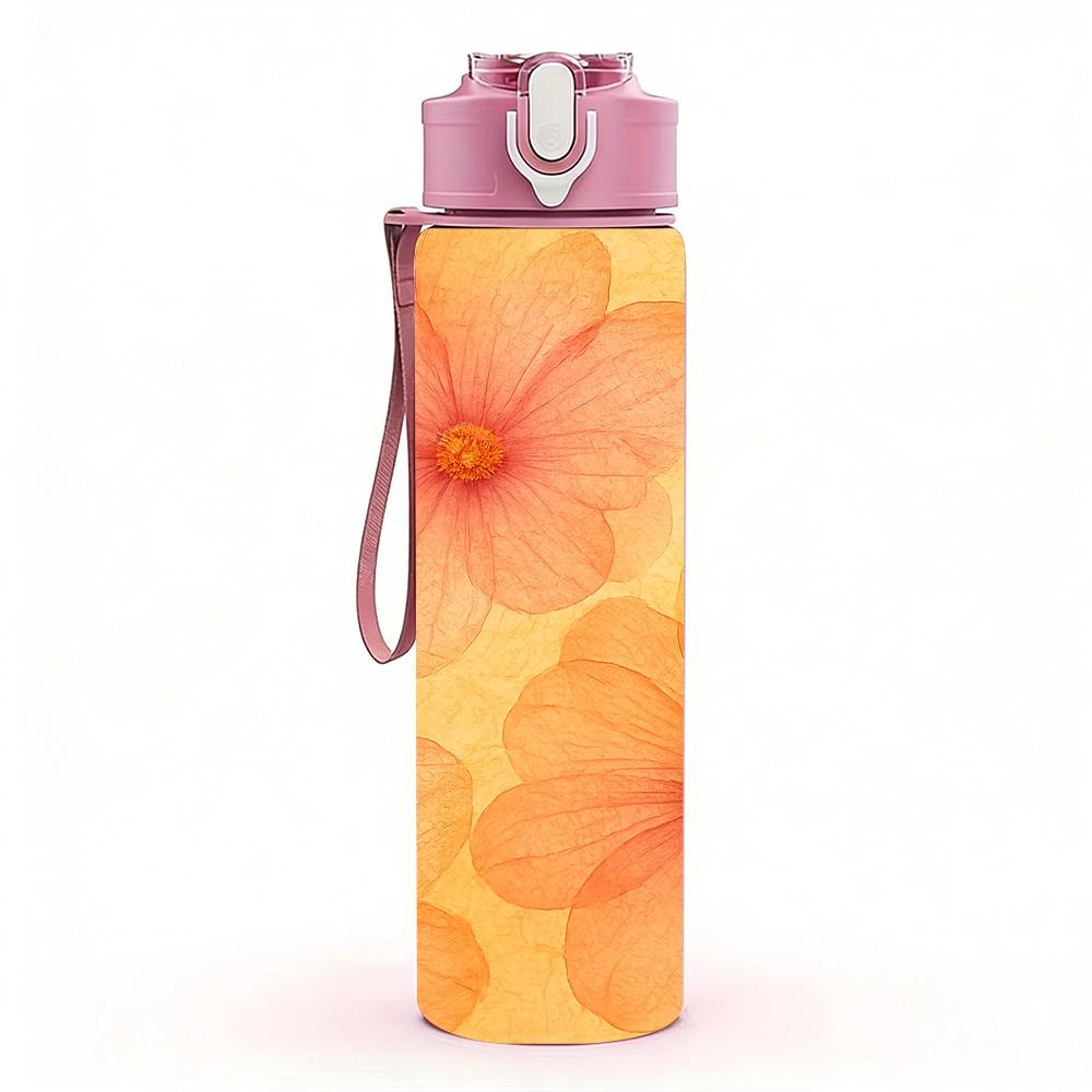 1PC Soft Gradient Orange Pink Daisy Floral Print 750ml Color Plastic Sports Water Bottle Leakproof Flip Straw Lid Suitable for Sports Office Home Use