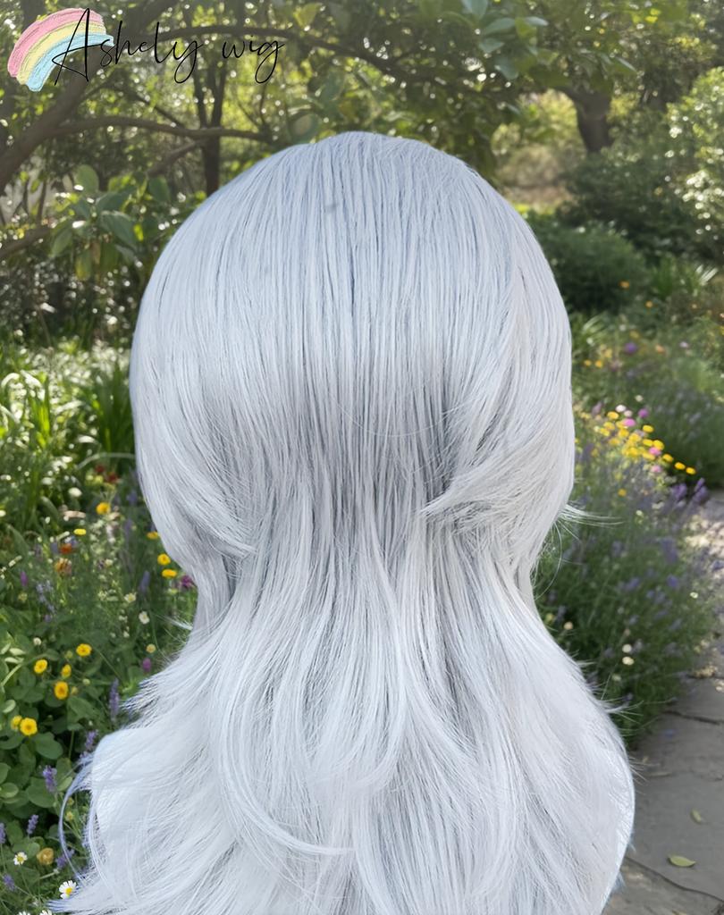 Ashely Sliver Gray Wig Cosplay Shoulder Length Mullet Wigs Layers Ponytail 13x4 Synthetic Lace Front Wig for Women Glueless Wigs