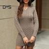 Fall Winter Women Dress Knitted Thick V Neck Slim Fit Long Sleeves Above Knee Length Twisted Texture Pure Color Sheath Office Party Mini Dress