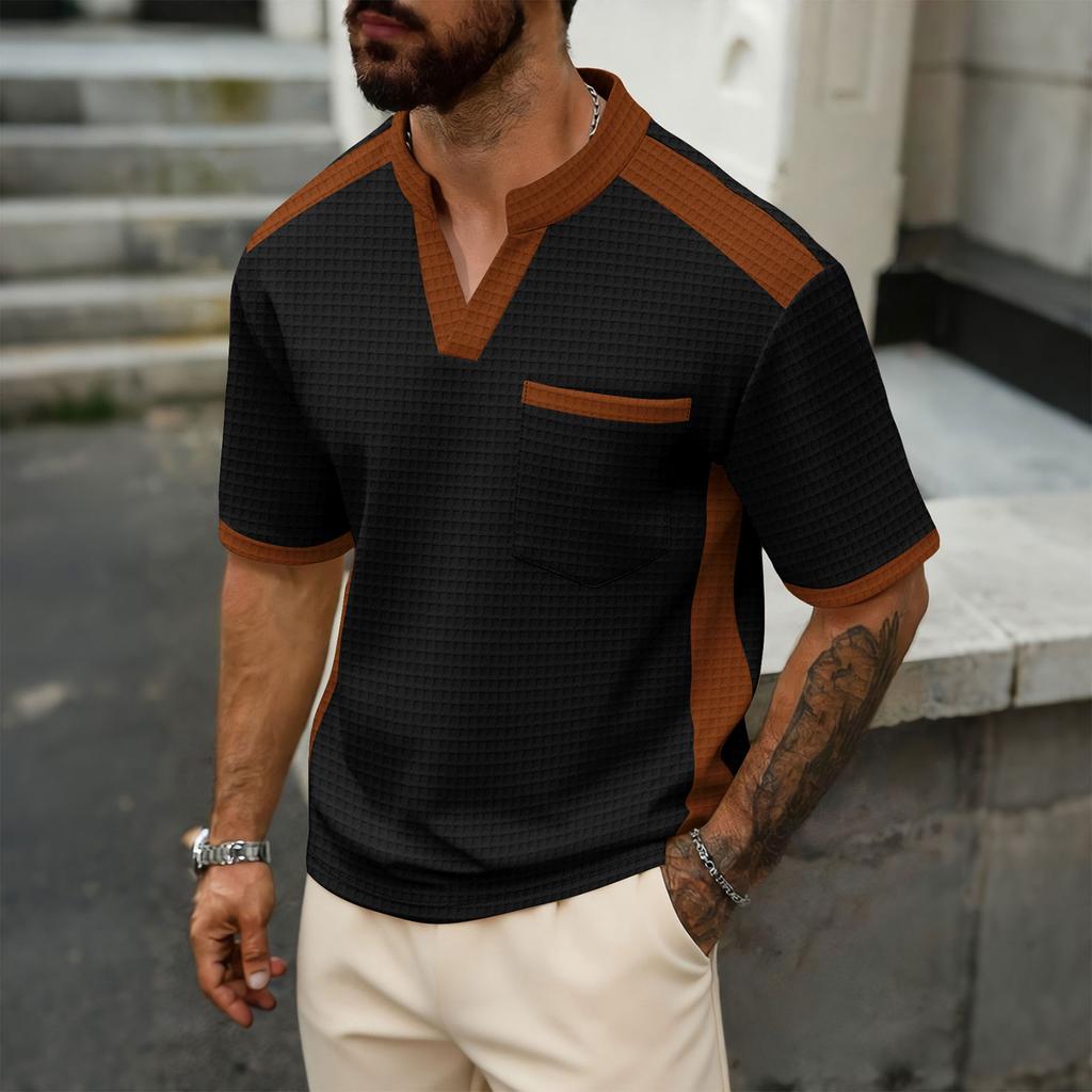 Men's Color Blocked V-neck Patchwork Short Sleeved Casual Breathable Top