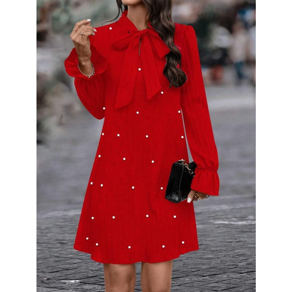 Spring Women's Bow Tie Beaded Long Sleeve Solid Colour Dresses