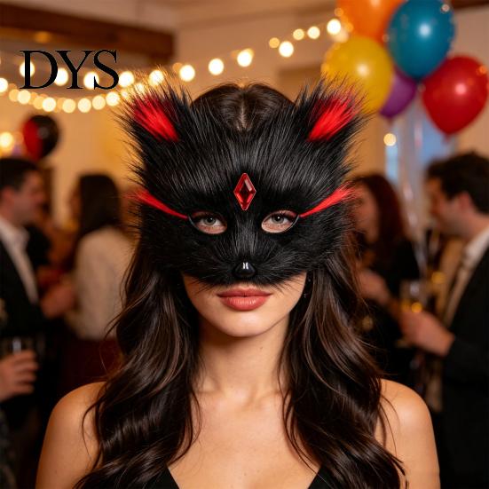 Adjustable Strap Fox Mask Halloween Half Face Mask, Plush Animal Masquerade with Cosplay Costume Accessory Rhinestone Gems, Party Prop for Women Girls