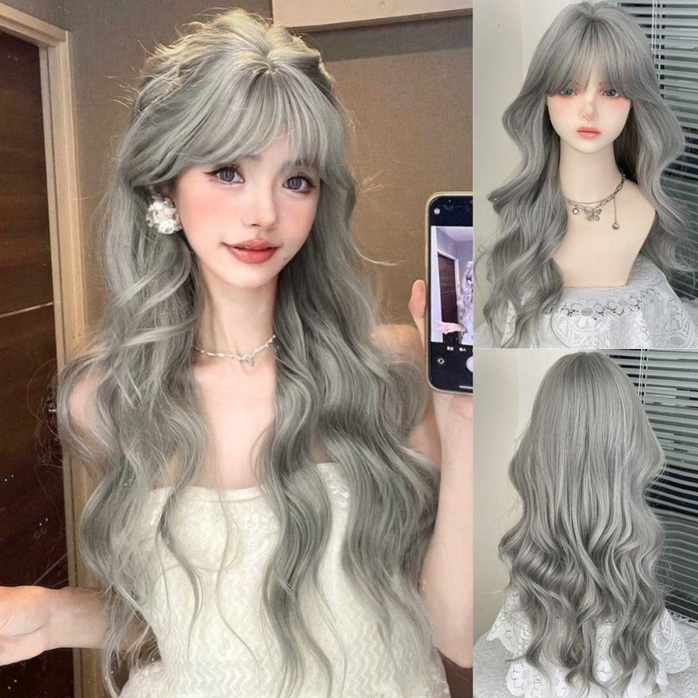 Air Bangs Grey Cosplay Wigs with Bangs Halloween Lolita Headband Wigs Long Curly Wave Hair  Girl