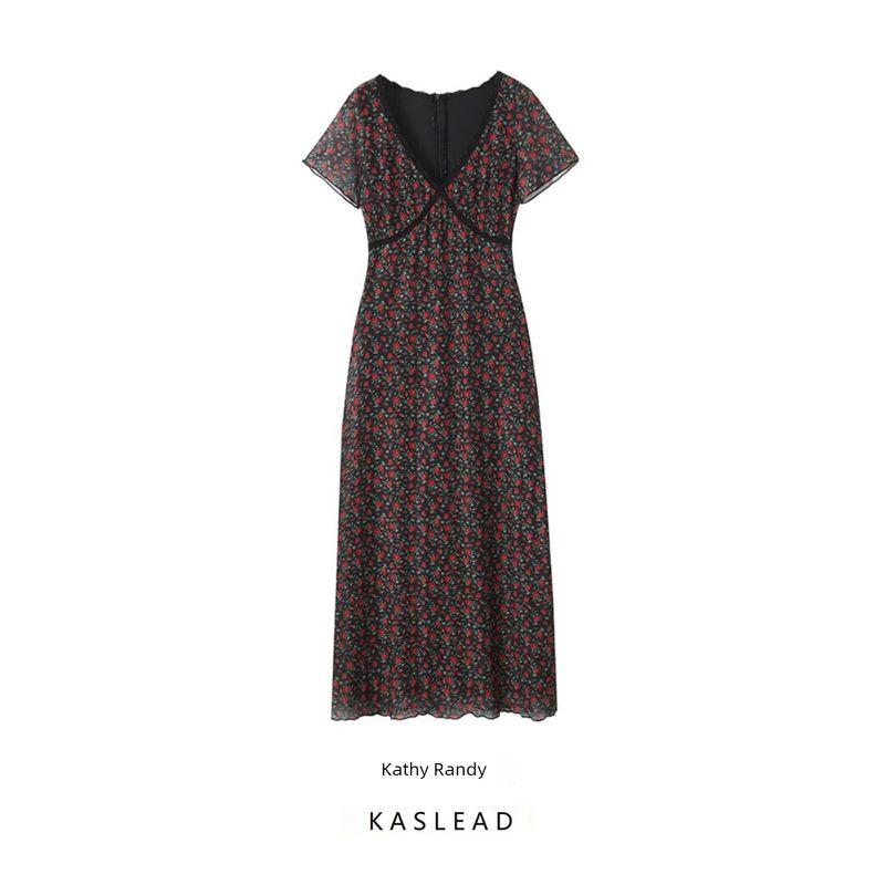 Kaslead New Arrival Women's Clothing Fashion Style Fashion Rose Printed V-neck Silm Waist-Tight Long Dress